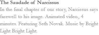 The Saudade of Narcissus
In the final chapter of our story, Narcissus says farewell to his image. Animated video., 4 minutes. Featuring Seth Novak. Music by Bright Light Bright Light. 